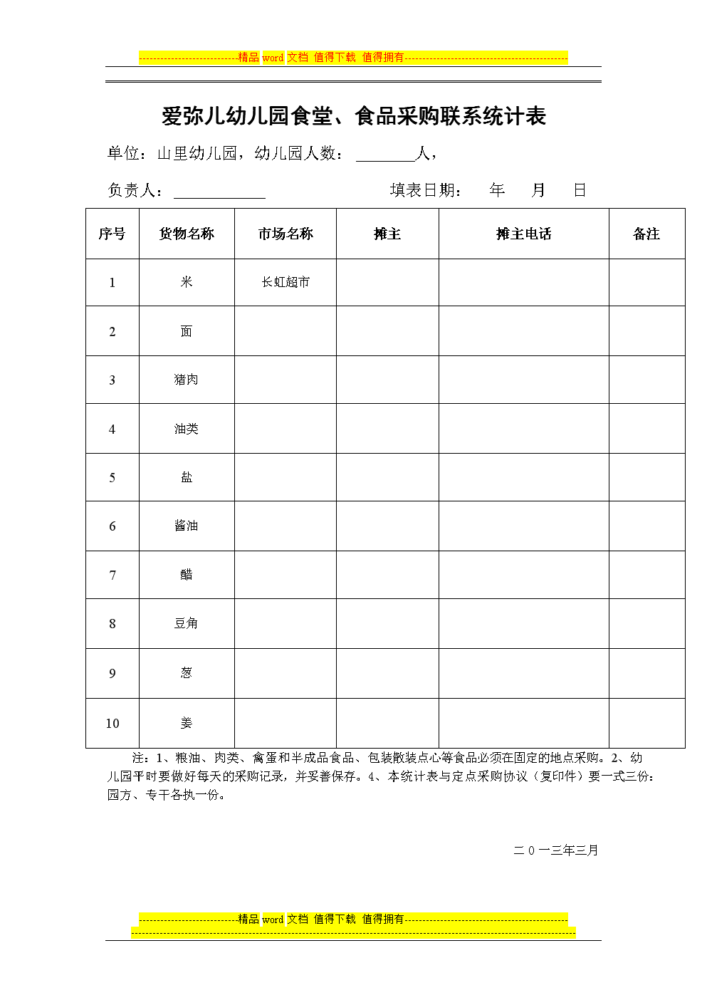 幼儿园食堂食品采购联系统计表的使用说明与填写规范